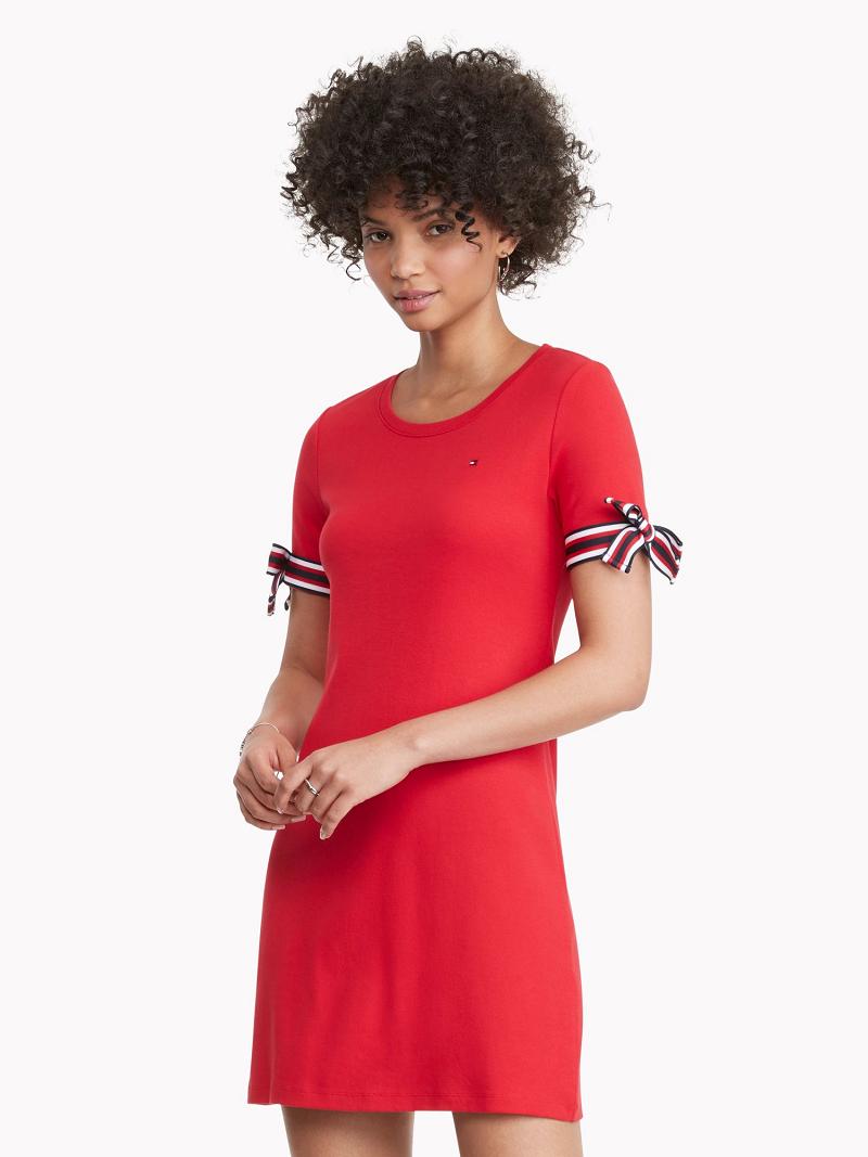 Női Tommy Hilfiger Essential Tie-Sleeve Dresses Piros | HU 80AHK